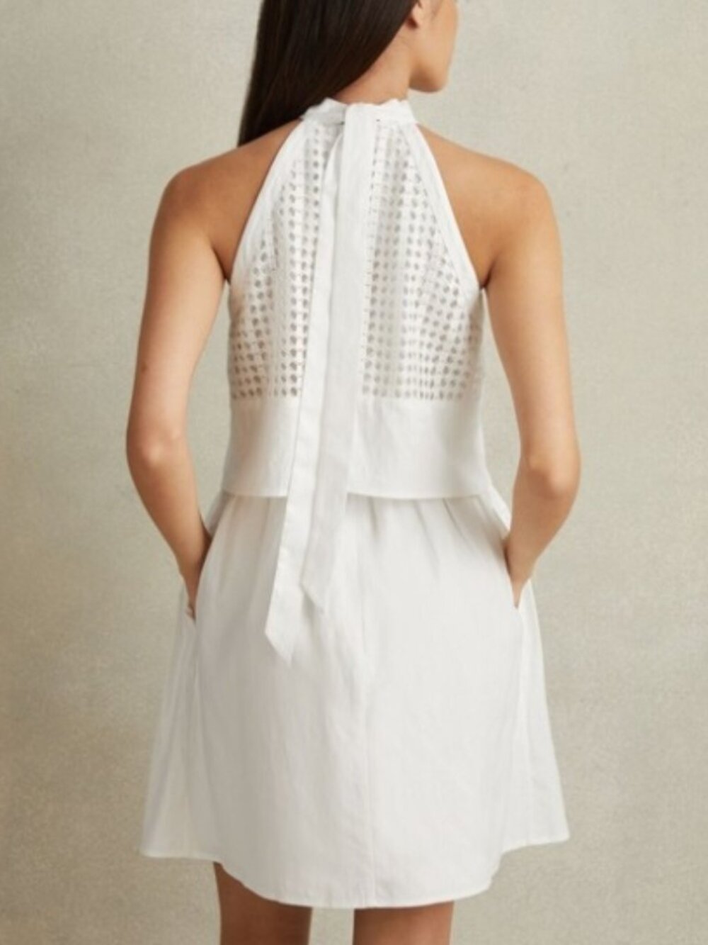 Reiss Eden Broderie Halter Neck Mini Dress With Linen Size US 2 • White • NWT - Picture 2 of 6